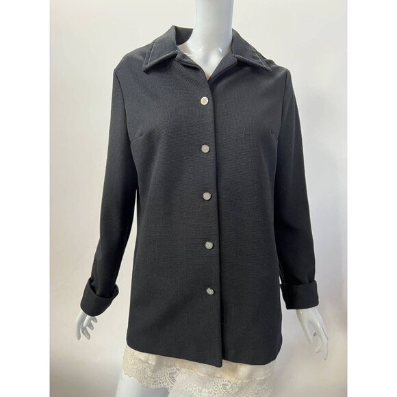 Vintage Womens Jacket Coat Black Button Up Collar Textured Long Sleeve L - Picture 1 of 12